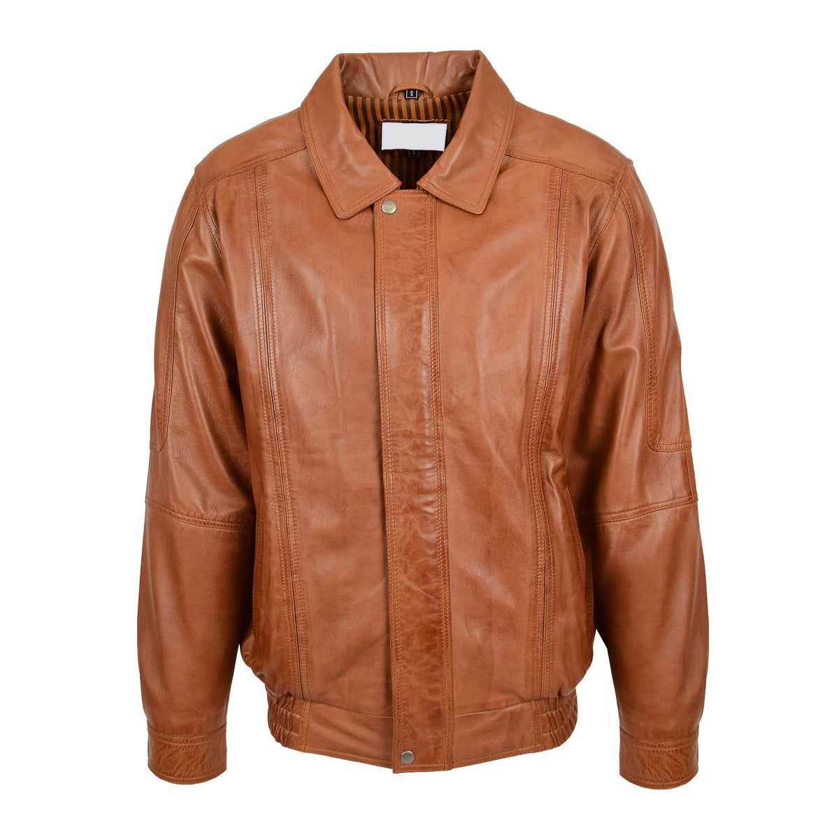 Mens Bomber Leather Jacket Classic Style Jim Tan - genuine leather jacket in tan with two outer pockets