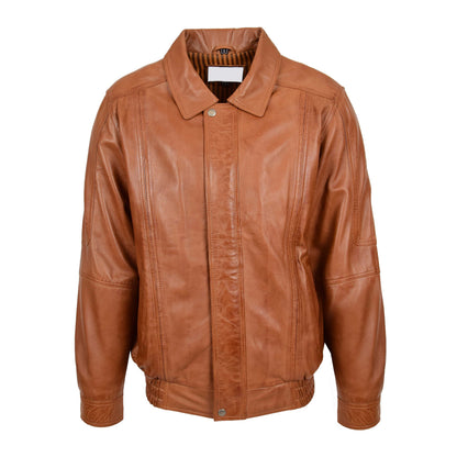 Mens Bomber Leather Jacket Classic Style Jim Tan - genuine leather jacket in tan with two outer pockets