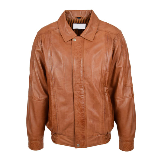 Mens Bomber Leather Jacket Classic Style Jim Tan - genuine leather jacket in tan with two outer pockets