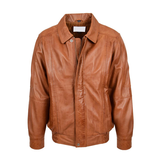 Mens Bomber Leather Jacket Classic Style Jim Tan - genuine leather jacket in tan with bomber