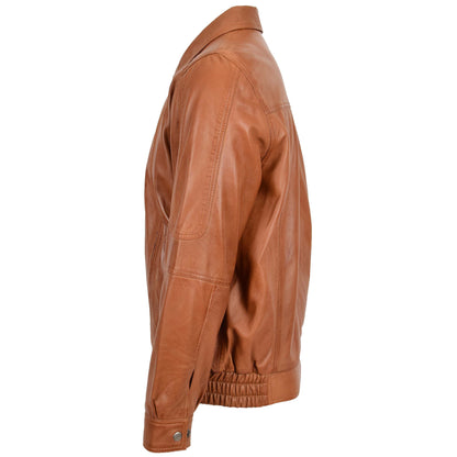 Mens Bomber Leather Jacket Classic Style Jim Tan - genuine leather jacket in tan with two outer pockets