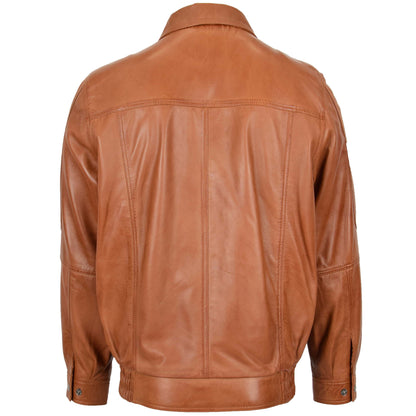 Mens Bomber Leather Jacket Classic Style Jim Tan - genuine leather jacket in tan with two outer pockets