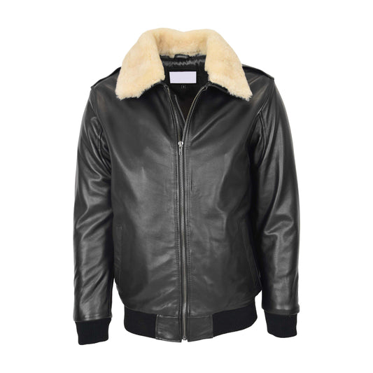 Mens Bomber Leather Jacket with Sheepskin Collar Viggo Black - genuine sheepskin jacket in black with two outer pockets