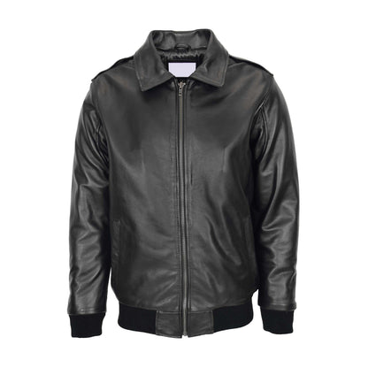 Mens Bomber Leather Jacket with Sheepskin Collar Viggo Black - genuine sheepskin jacket in black with bomber