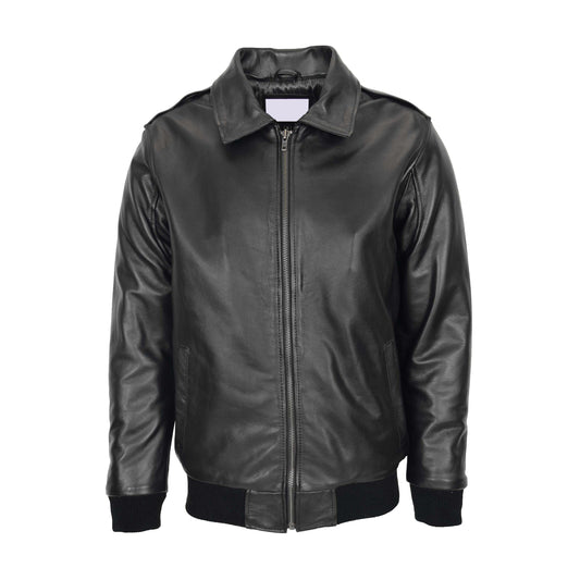 Mens Bomber Leather Jacket with Sheepskin Collar Viggo Black - genuine sheepskin jacket in black with bomber