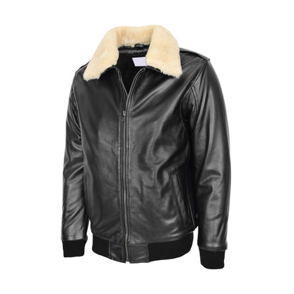 Mens Bomber Leather Jacket with Sheepskin Collar Viggo Black - genuine sheepskin jacket in black with two outer pockets