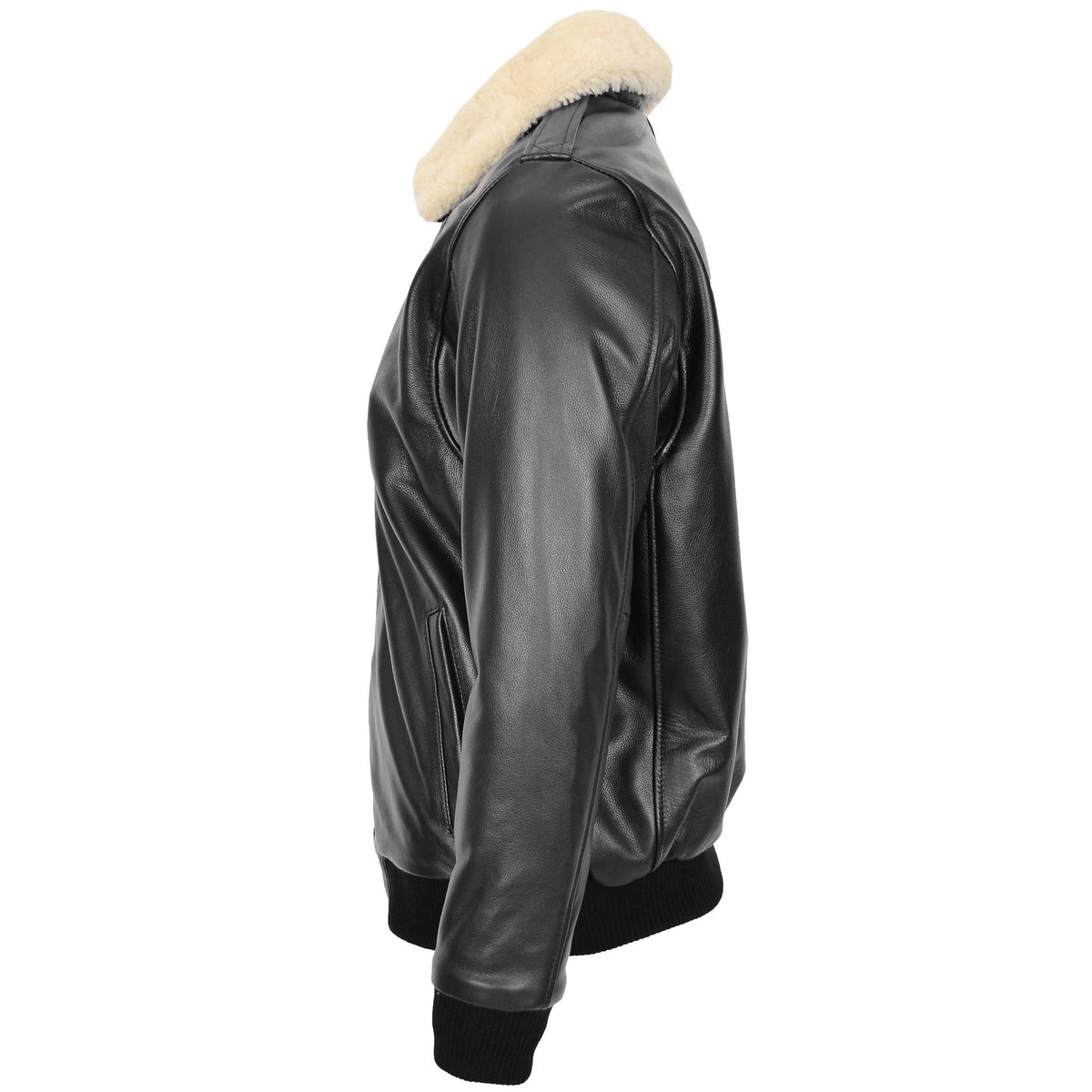 Mens Bomber Leather Jacket with Sheepskin Collar Viggo Black - genuine sheepskin jacket in black with bomber