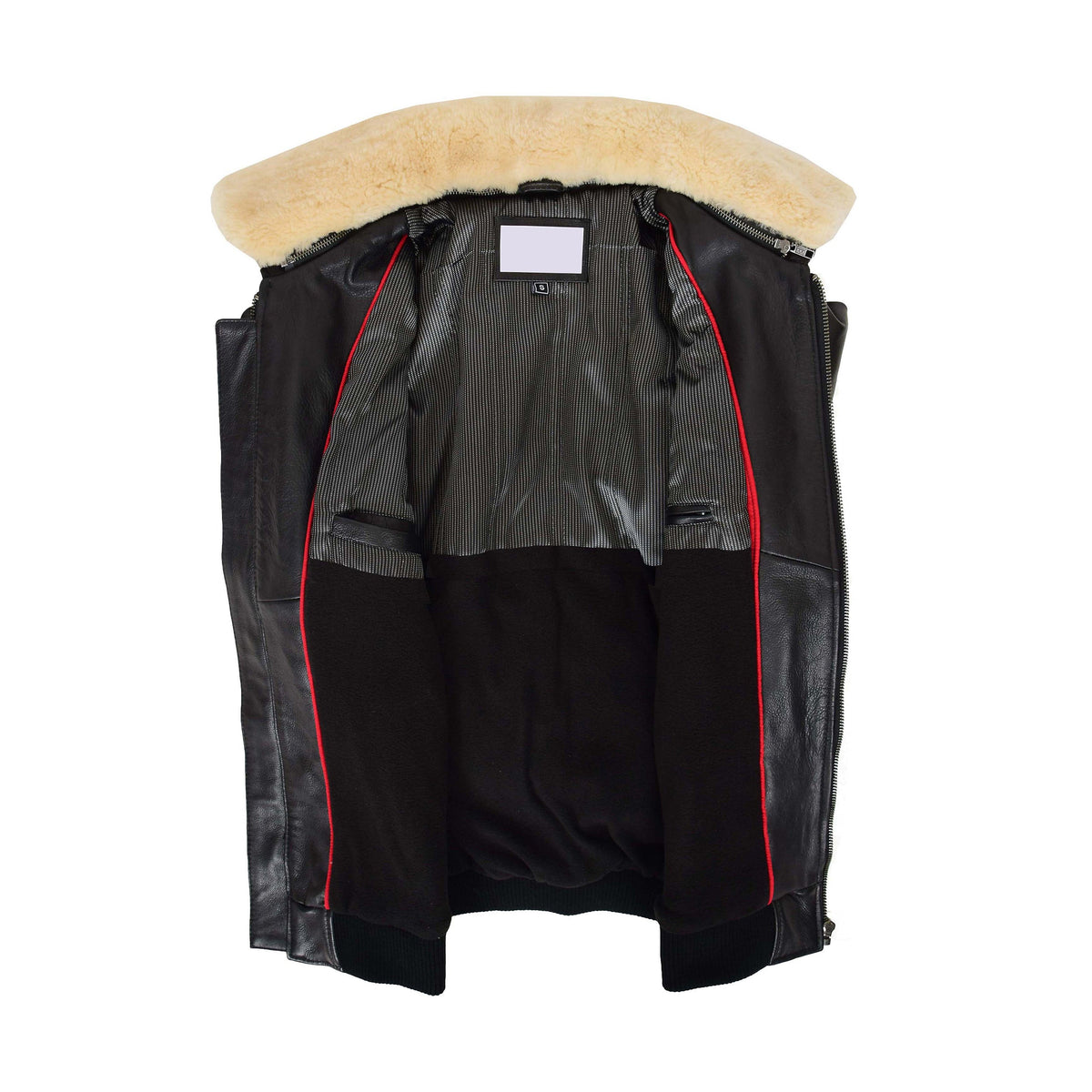 Mens Bomber Leather Jacket with Sheepskin Collar Viggo Black - genuine sheepskin jacket in black with two outer pockets