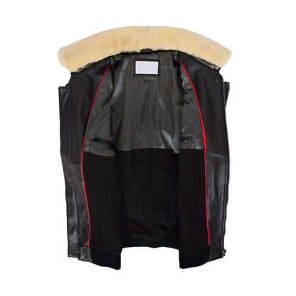 Mens Bomber Leather Jacket with Sheepskin Collar Viggo Black - genuine sheepskin jacket in black with two outer pockets