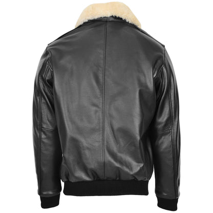 Mens Bomber Leather Jacket with Sheepskin Collar Viggo Black - genuine sheepskin jacket in black with bomber