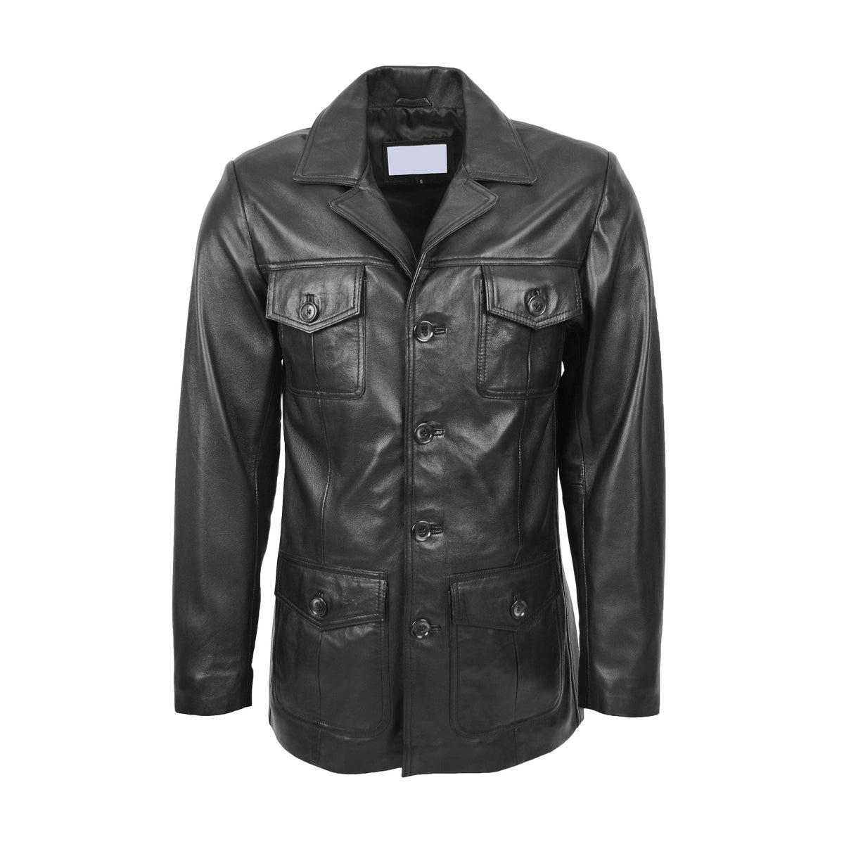 Mens Button Fastening Reefer Leather Jacket Jerry Black - genuine leather jacket in black with four outer pockets