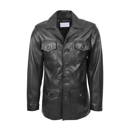 Mens Button Fastening Reefer Leather Jacket Jerry Black - genuine leather jacket in black with four outer pockets