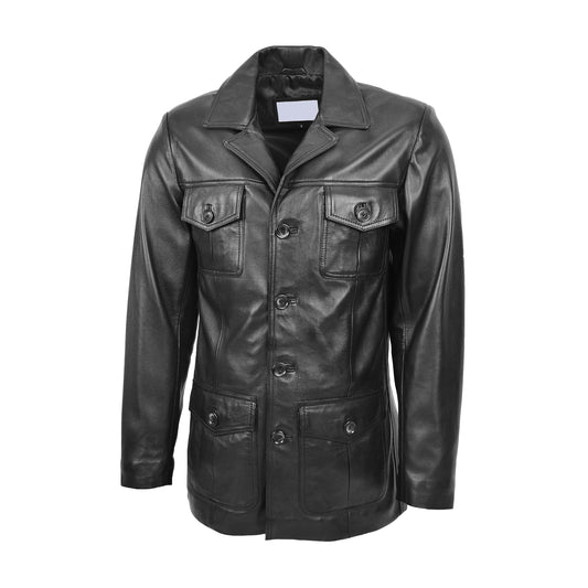 Mens Button Fastening Reefer Leather Jacket Jerry Black - genuine leather jacket in black with button fastening