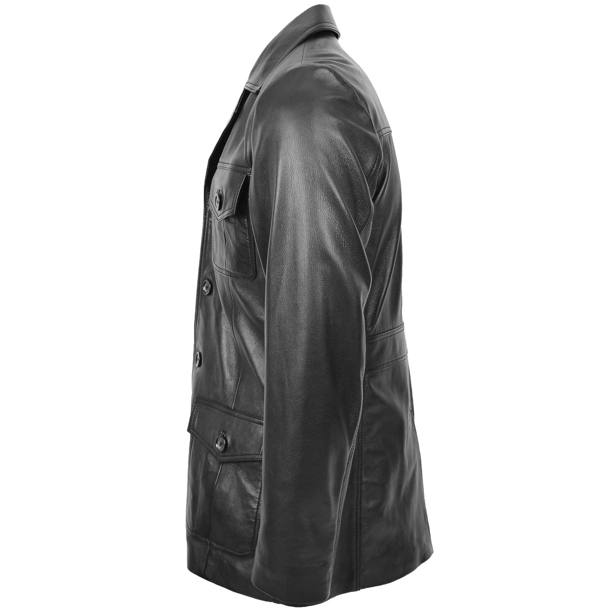Mens Button Fastening Reefer Leather Jacket Jerry Black - genuine leather jacket in black with reefer