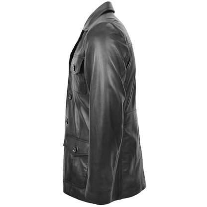 Mens Button Fastening Reefer Leather Jacket Jerry Black - genuine leather jacket in black with reefer