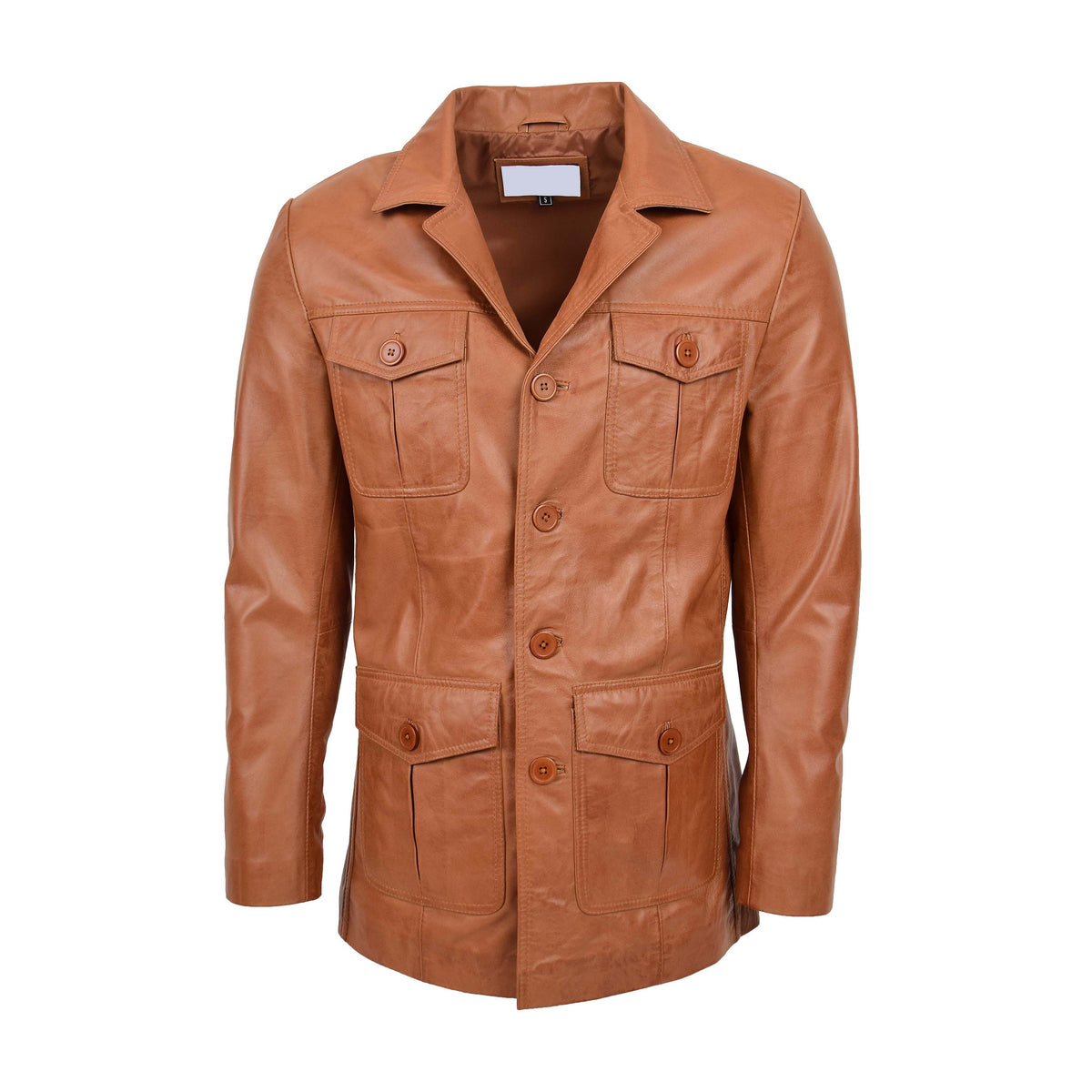 Mens Button Fastening Reefer Leather Jacket Jerry Tan - genuine leather jacket in tan with four outer pockets