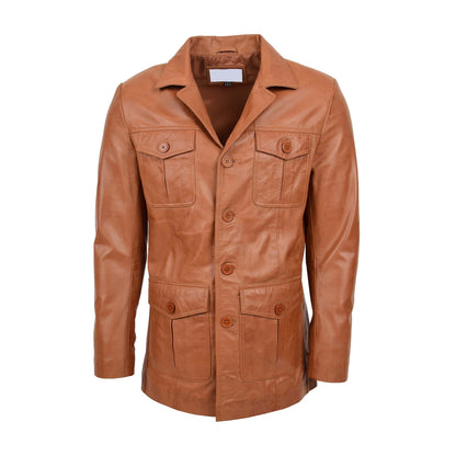 Mens Button Fastening Reefer Leather Jacket Jerry Tan - genuine leather jacket in tan with four outer pockets