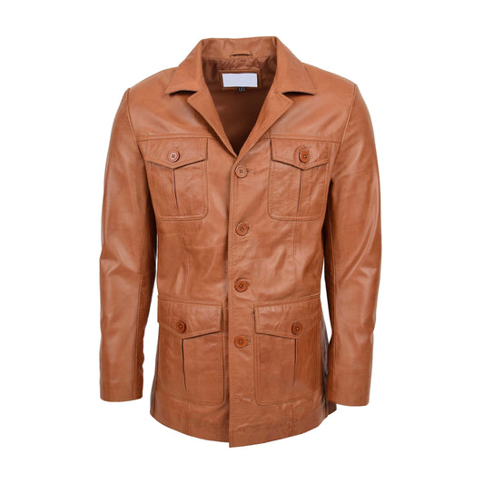 Mens Button Fastening Reefer Leather Jacket Jerry Tan - genuine leather jacket in tan with four outer pockets