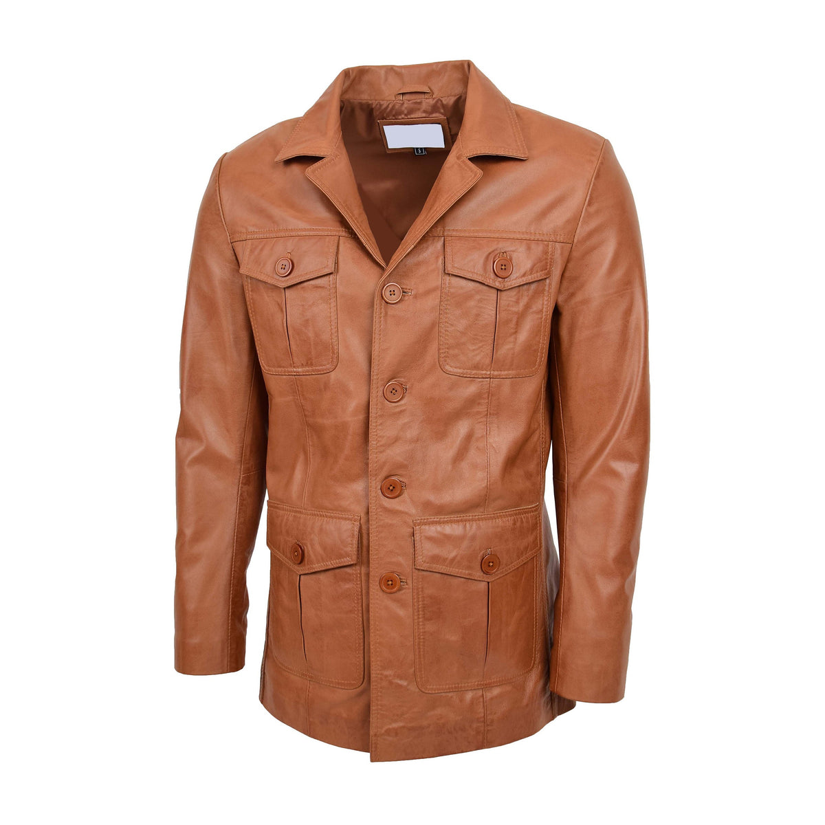 Mens Button Fastening Reefer Leather Jacket Jerry Tan - genuine leather jacket in tan with button fastening