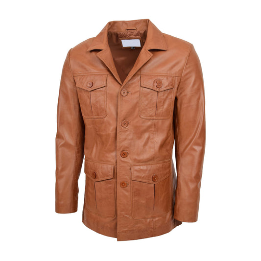 Mens Button Fastening Reefer Leather Jacket Jerry Tan - genuine leather jacket in tan with button fastening
