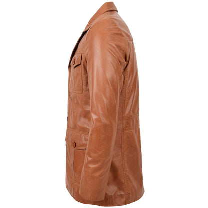 Mens Button Fastening Reefer Leather Jacket Jerry Tan - genuine leather jacket in tan with reefer