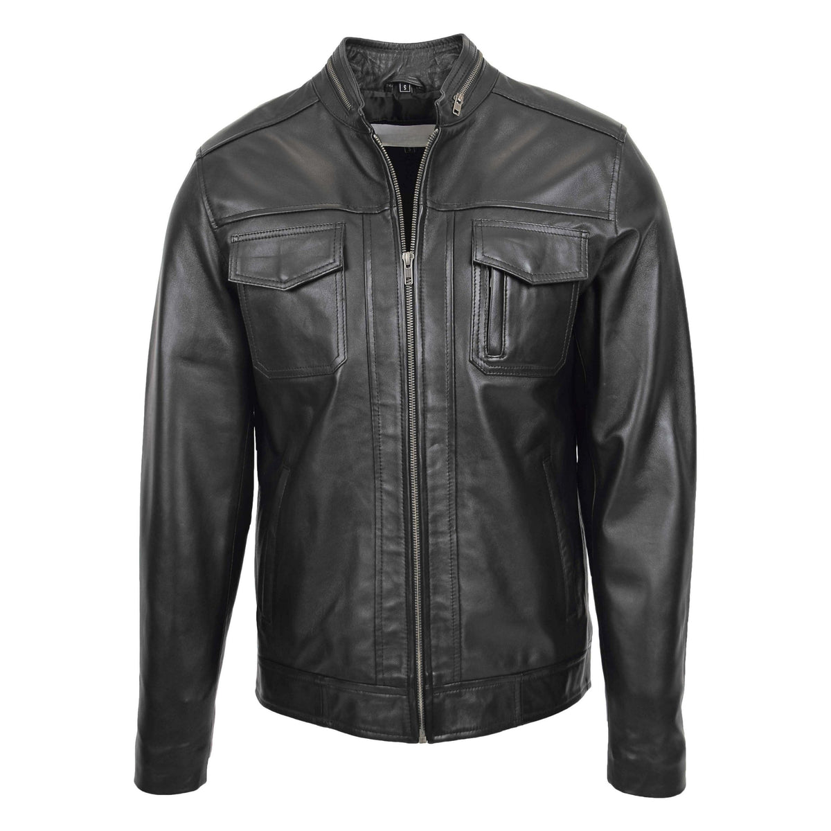 Mens Casual Biker Leather Jacket Jaime Black - genuine leather jacket in black with four outer pockets