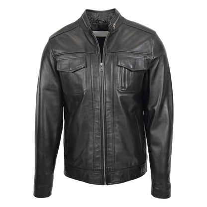 Mens Casual Biker Leather Jacket Jaime Black - genuine leather jacket in black with four outer pockets