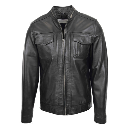 Mens Casual Biker Leather Jacket Jaime Black - genuine leather jacket in black with four outer pockets