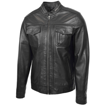 Mens Casual Biker Leather Jacket Jaime Black - genuine leather jacket in black with four outer pockets