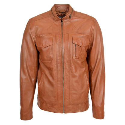 Mens Casual Biker Leather Jacket Jaime Tan - genuine leather jacket in tan with four outer pockets