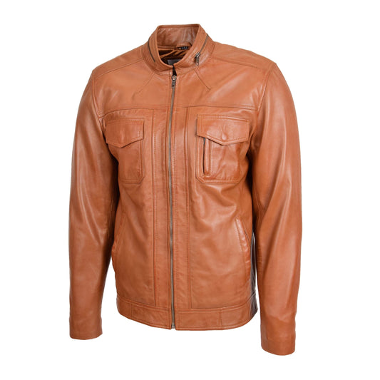 Mens Casual Biker Leather Jacket Jaime Tan - genuine leather jacket in tan with biker