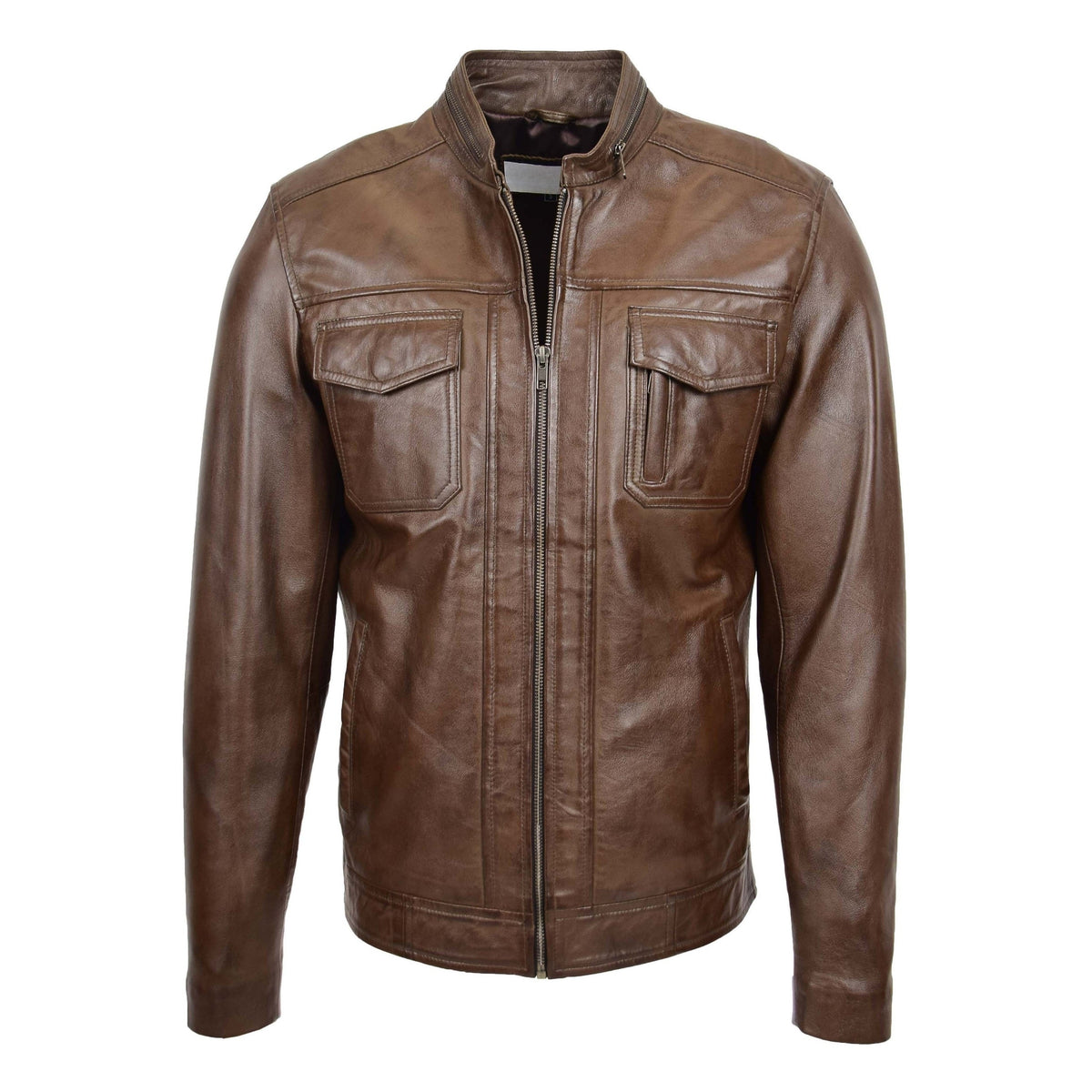 Mens Casual Biker Leather Jacket Jaime Timber - genuine leather jacket with four outer pockets