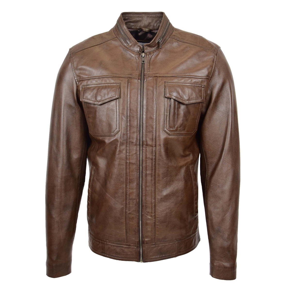 Mens Casual Biker Leather Jacket Jaime Timber - genuine leather jacket with biker