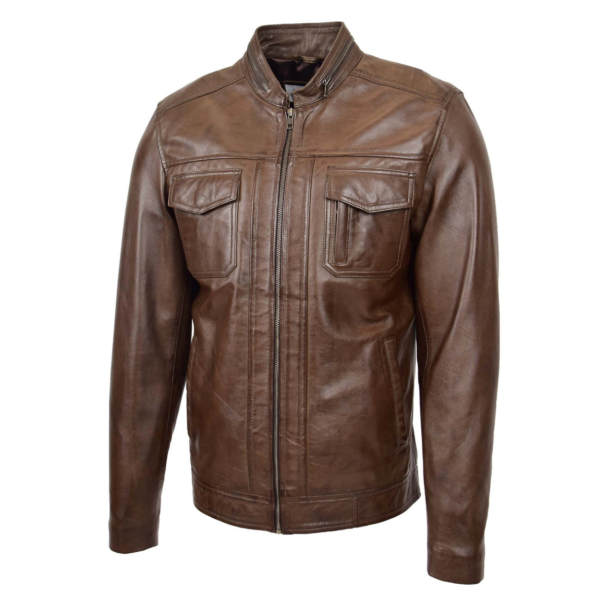 Mens Casual Biker Leather Jacket Jaime Timber - genuine leather jacket with four outer pockets