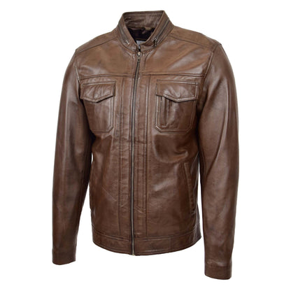 Mens Casual Biker Leather Jacket Jaime Timber - genuine leather jacket with four outer pockets