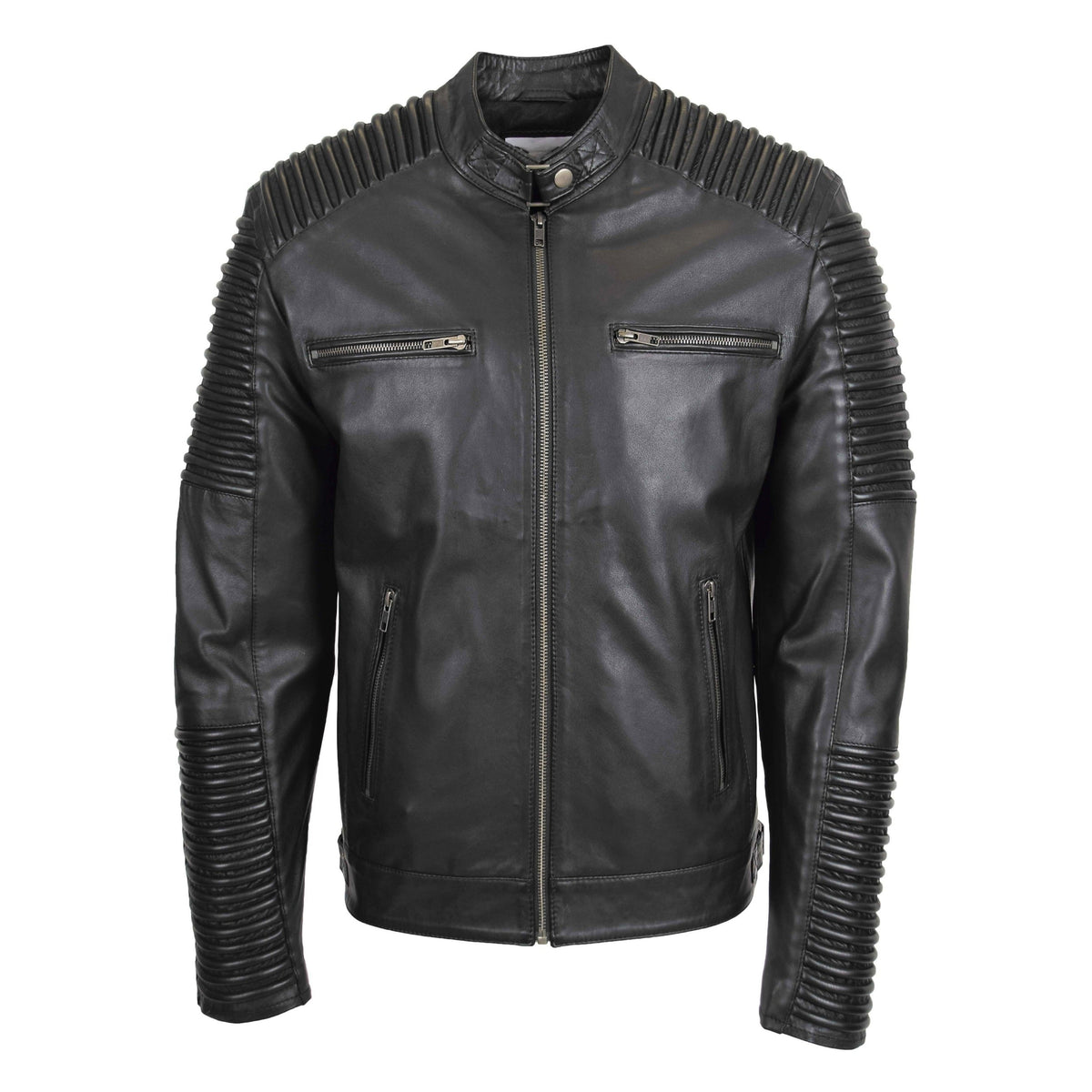 Mens Casual Soft Leather Biker Jacket Nelson Black - genuine leather jacket in black with four outer pockets