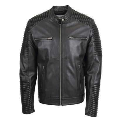 Mens Casual Soft Leather Biker Jacket Nelson Black - genuine leather jacket in black with four outer pockets