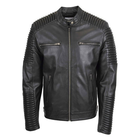 Mens Casual Soft Leather Biker Jacket Nelson Black - genuine leather jacket in black with four outer pockets