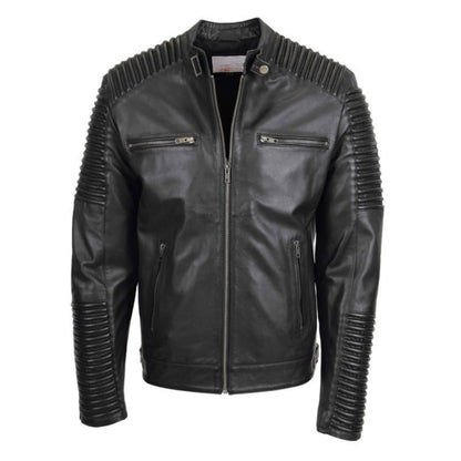 Mens Casual Soft Leather Biker Jacket Nelson Black - genuine leather jacket in black with biker