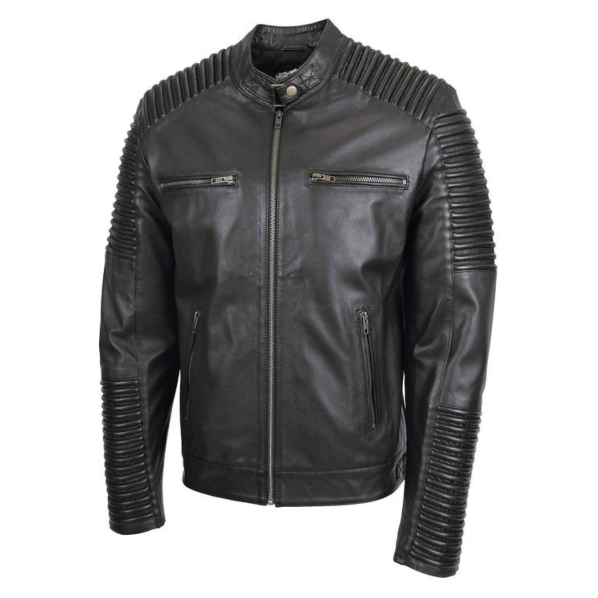 Mens Casual Soft Leather Biker Jacket Nelson Black - genuine leather jacket in black with four outer pockets