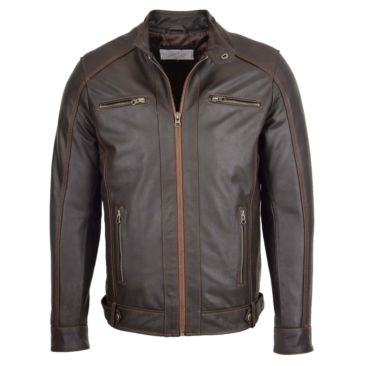 Mens Classic Leather Biker Style Zip Jacket Ethan Brown - genuine leather jacket in brown with four outer pockets