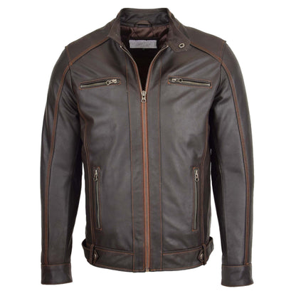 Mens Classic Leather Biker Style Zip Jacket Ethan Brown - genuine leather jacket in brown with four outer pockets