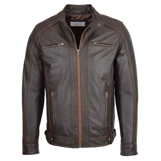 Mens Classic Leather Biker Style Zip Jacket Ethan Brown - genuine leather jacket in brown with four outer pockets