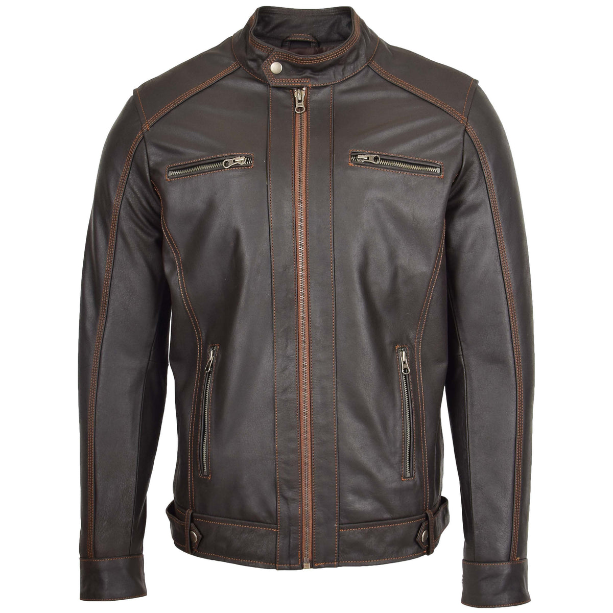 Mens Classic Leather Biker Style Zip Jacket Ethan Brown - genuine leather jacket in brown with biker