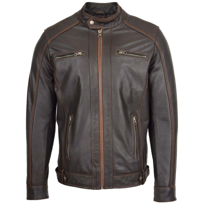 Mens Classic Leather Biker Style Zip Jacket Ethan Brown - genuine leather jacket in brown with biker