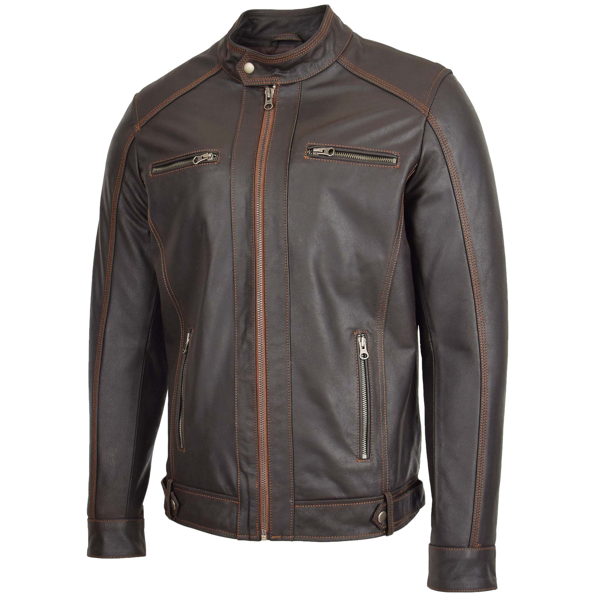 Mens Classic Leather Biker Style Zip Jacket Ethan Brown - genuine leather jacket in brown with four outer pockets