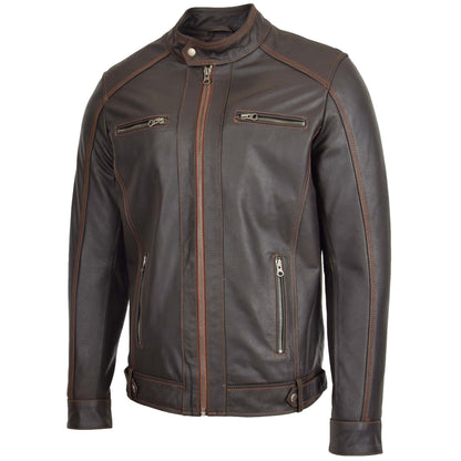 Mens Classic Leather Biker Style Zip Jacket Ethan Brown - genuine leather jacket in brown with four outer pockets