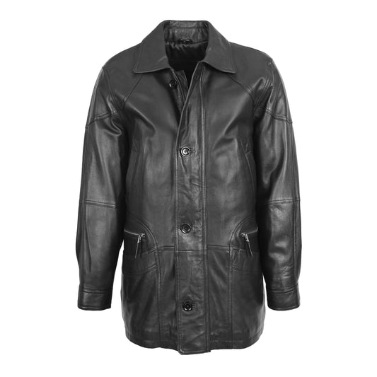 Mens Classic Leather Winter Car Coat M2 Black - genuine leather coat in black with six outer pockets