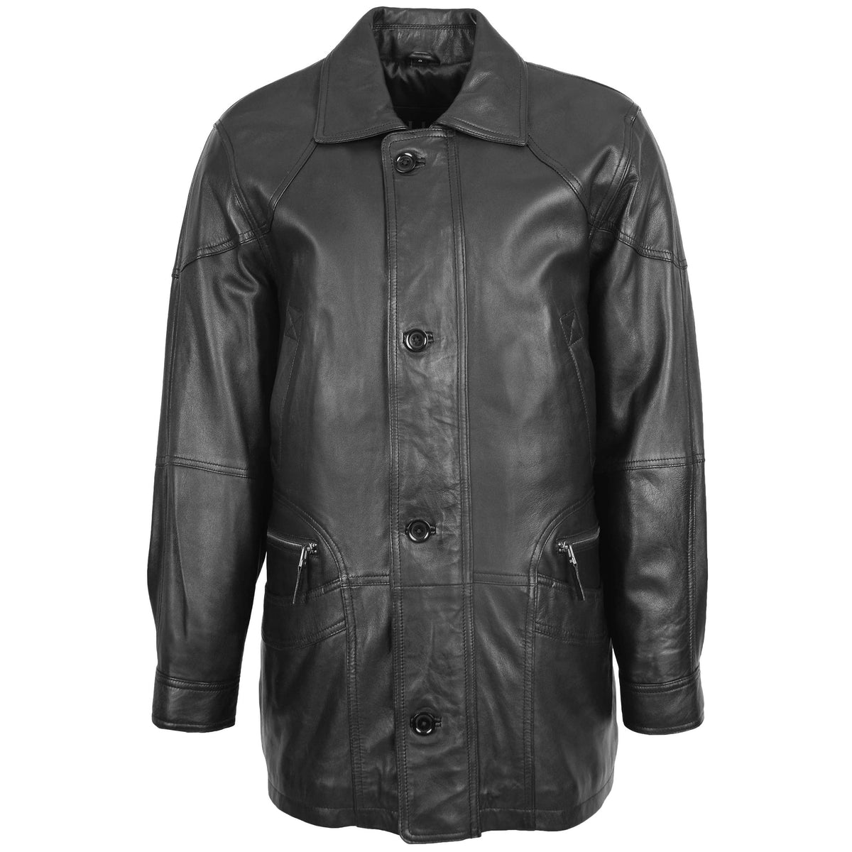 Mens Classic Leather Winter Car Coat M2 Black - genuine leather coat in black with car coat