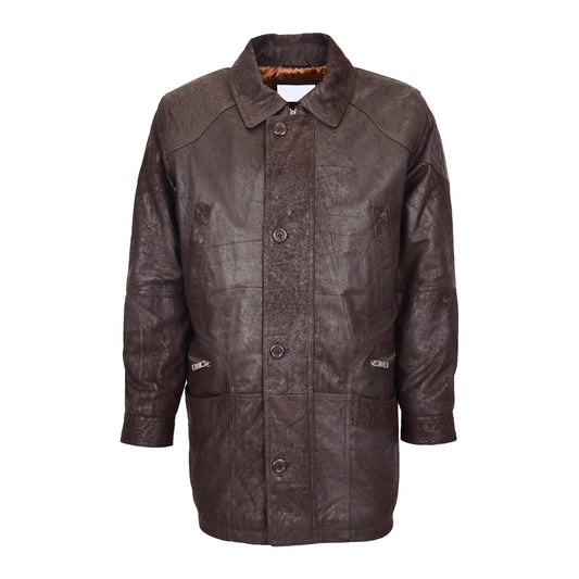 Mens Classic Leather Winter Car Coat M2 Brown - genuine leather coat in brown with six outer pockets